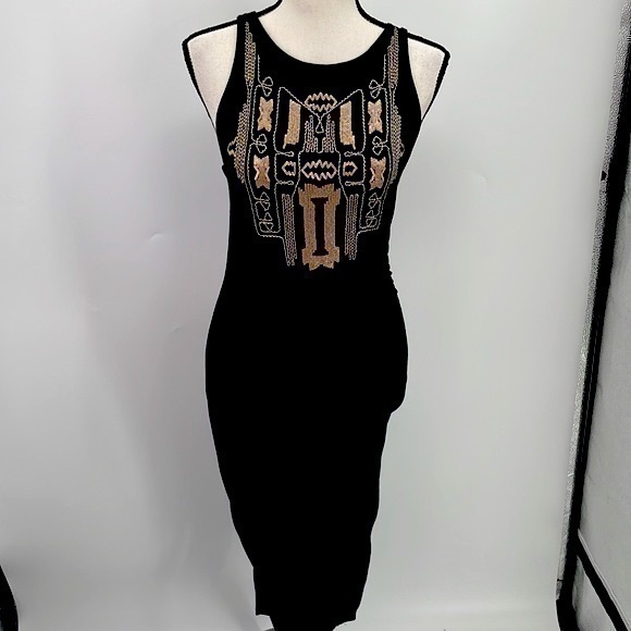 UEC Guess black fitted sleeveless midi dress XXS gold & nude threaded design - Picture 1 of 8